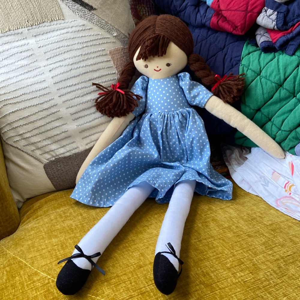 Alimrose brunette plush doll with polka dot dress